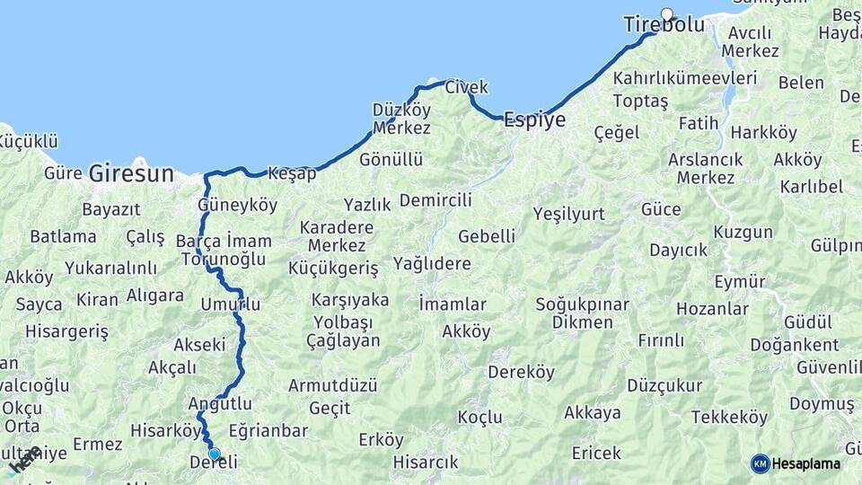 Giresun Dereli Tirebolu Arası Kaç Km - Yol Haritası