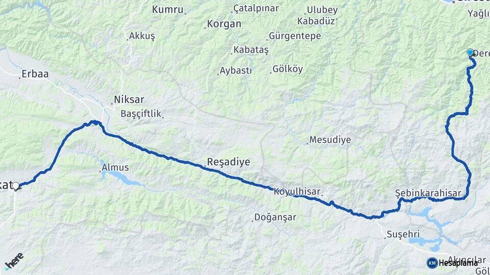 Giresun Dereli Tokat Arası Kaç Km - Yol Haritası
