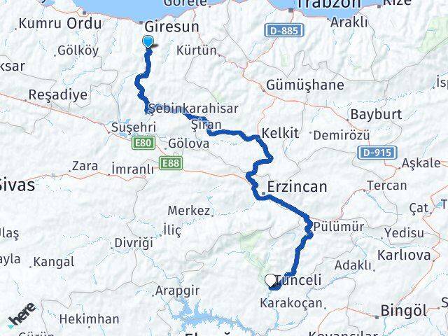 Giresun Dereli Tunceli Arası Kaç Km - Yol Haritası