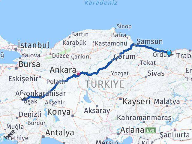 Giresun Dereli Uşak Arası Kaç Km - Yol Haritası