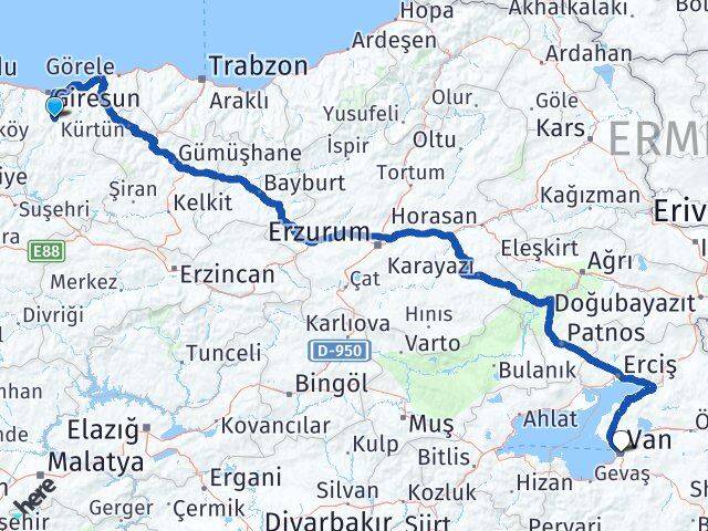 Giresun Dereli Van Arası Kaç Km - Yol Haritası