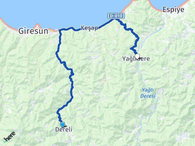 Giresun Dereli Yağlıdere Arası Kaç Km - Yol Haritası