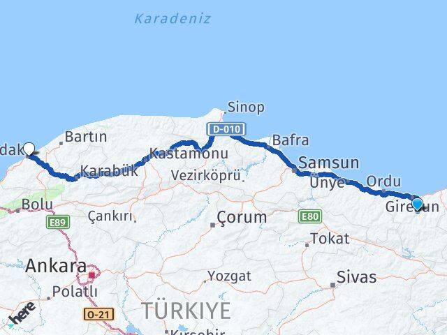 Giresun Dereli Zonguldak Arası Kaç Km - Yol Haritası