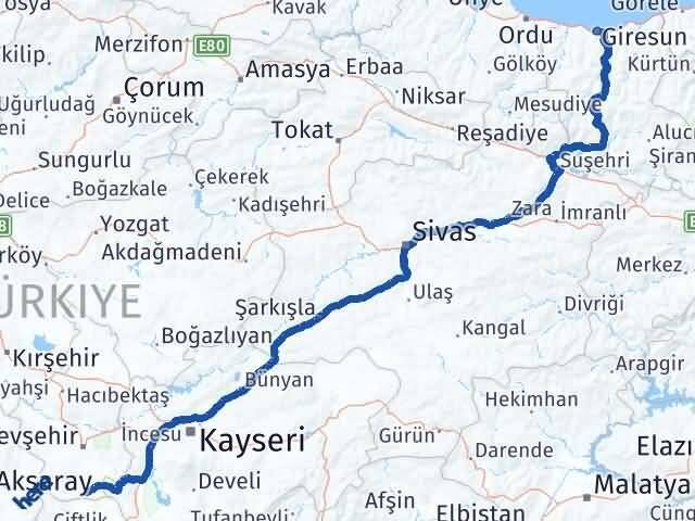 Giresun Derinkuyu Nevşehir Arası Kaç Km - Yol Haritası