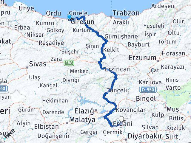 Giresun Dicle Diyarbakır Arası Kaç Km - Yol Haritası