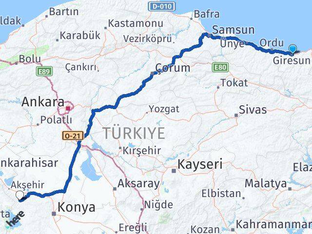Giresun Doğanhisar Konya Arası Kaç Km - Yol Haritası