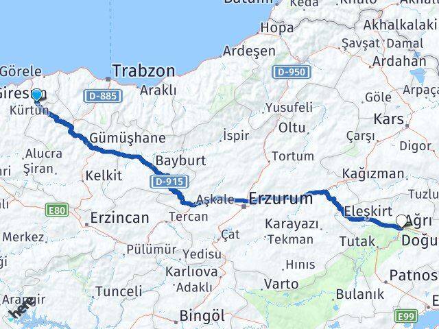 Giresun Doğankent Ağrı Arası Kaç Km - Yol Haritası