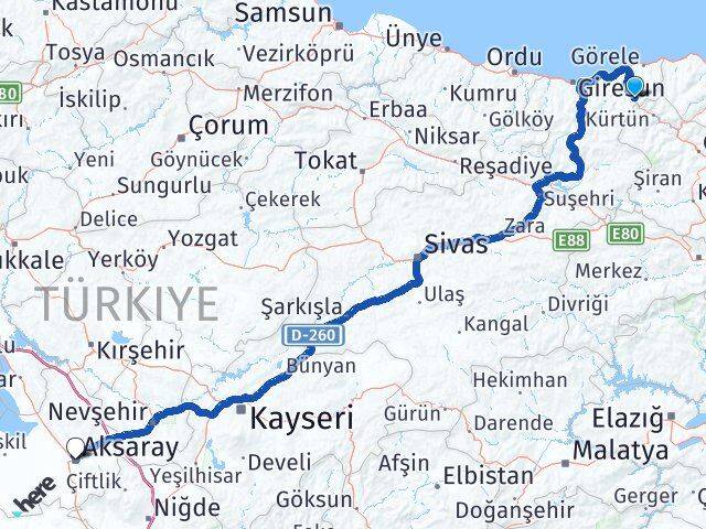 Giresun Doğankent Aksaray Arası Kaç Km - Yol Haritası