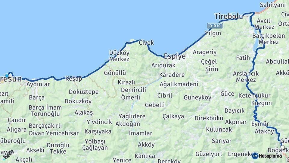 Giresun Doğankent Arası Kaç Km - Yol Haritası