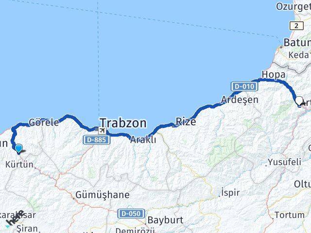 Giresun Doğankent Artvin Arası Kaç Km - Yol Haritası