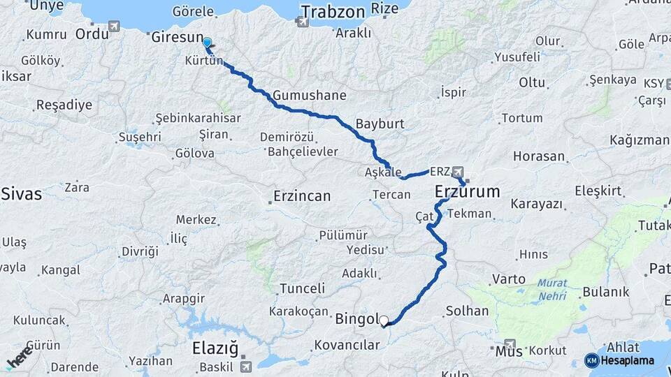 Giresun Doğankent Bingöl Arası Kaç Km - Yol Haritası