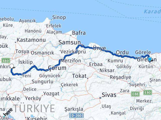 Giresun Doğankent Çankırı Arası Kaç Km - Yol Haritası