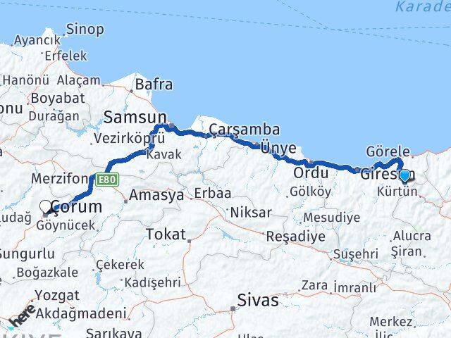 Giresun Doğankent Çorum Arası Kaç Km - Yol Haritası