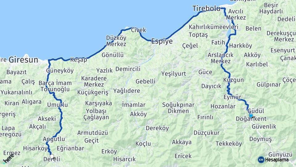 Giresun Doğankent Dereli Arası Kaç Km - Yol Haritası
