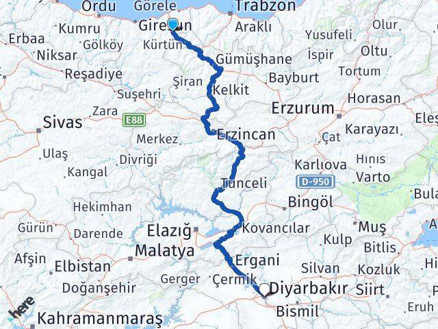 Giresun Doğankent Diyarbakır Arası Kaç Km - Yol Haritası