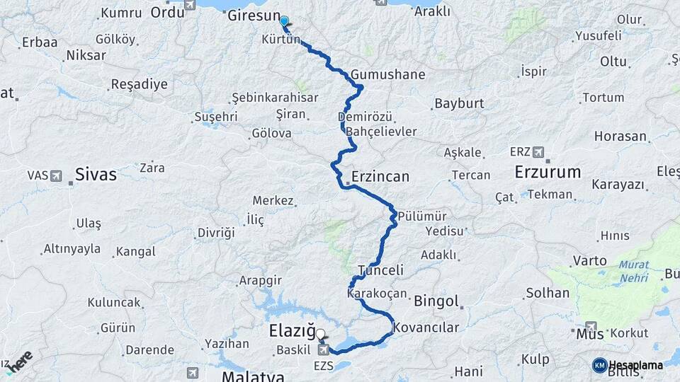 Giresun Doğankent Elazığ Arası Kaç Km - Yol Haritası