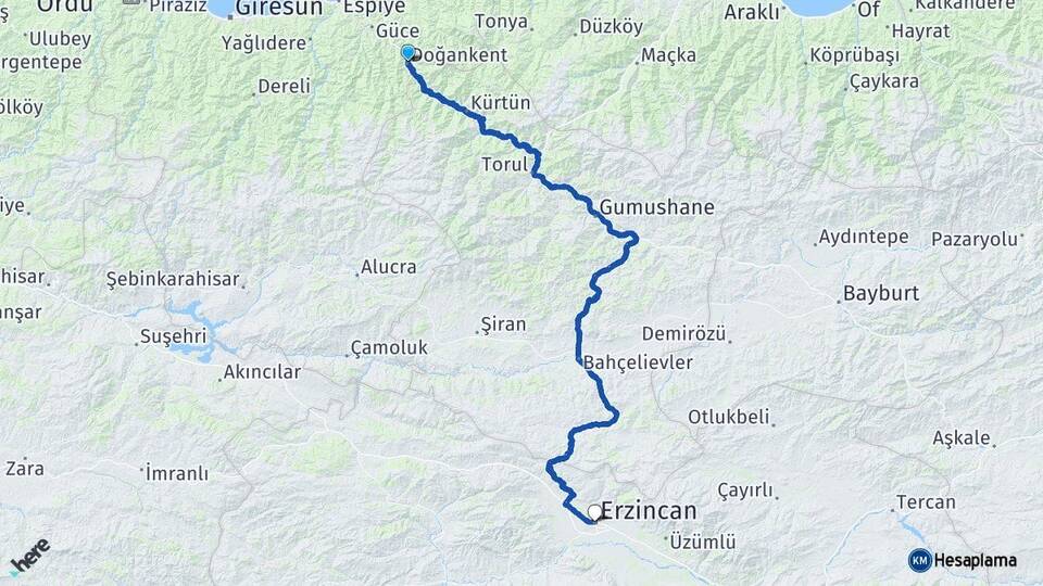Giresun Doğankent Erzincan Arası Kaç Km - Yol Haritası