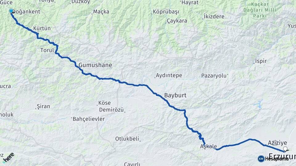 Giresun Doğankent Erzurum Arası Kaç Km - Yol Haritası