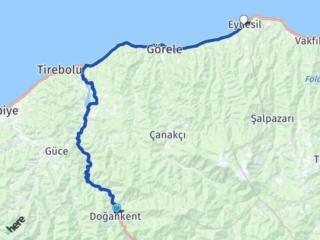 Giresun Doğankent Eynesil Arası Kaç Km - Yol Haritası