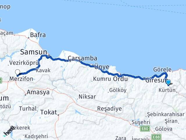 Giresun Doğankent Havza Samsun Arası Kaç Km - Yol Haritası