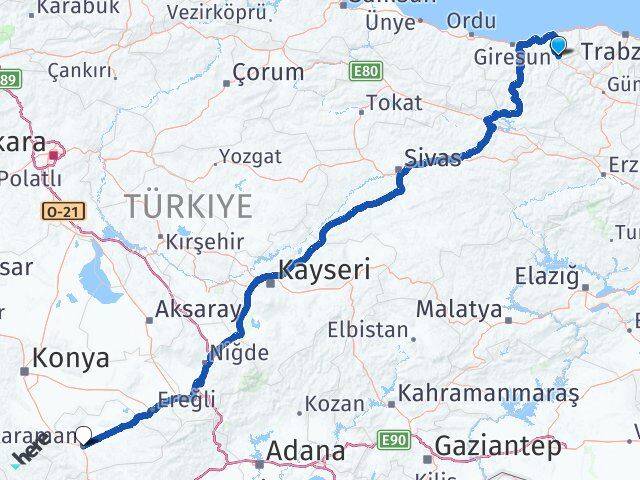 Giresun Doğankent Karaman Arası Kaç Km - Yol Haritası