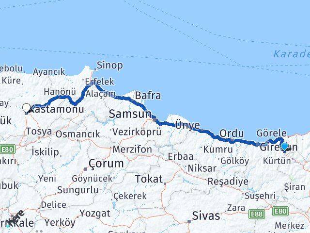 Giresun Doğankent Kastamonu Arası Kaç Km - Yol Haritası