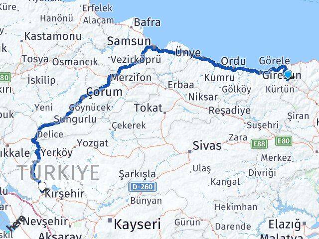 Giresun Doğankent Kırşehir Arası Kaç Km - Yol Haritası