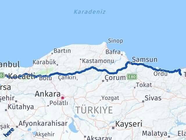 Giresun Doğankent Kocaeli Arası Kaç Km - Yol Haritası