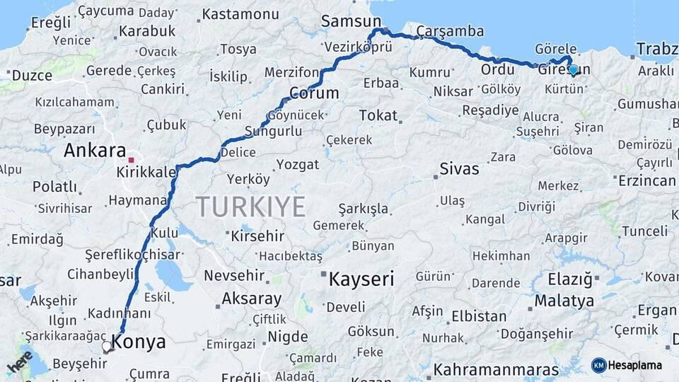 Giresun Doğankent Konya Arası Kaç Km - Yol Haritası