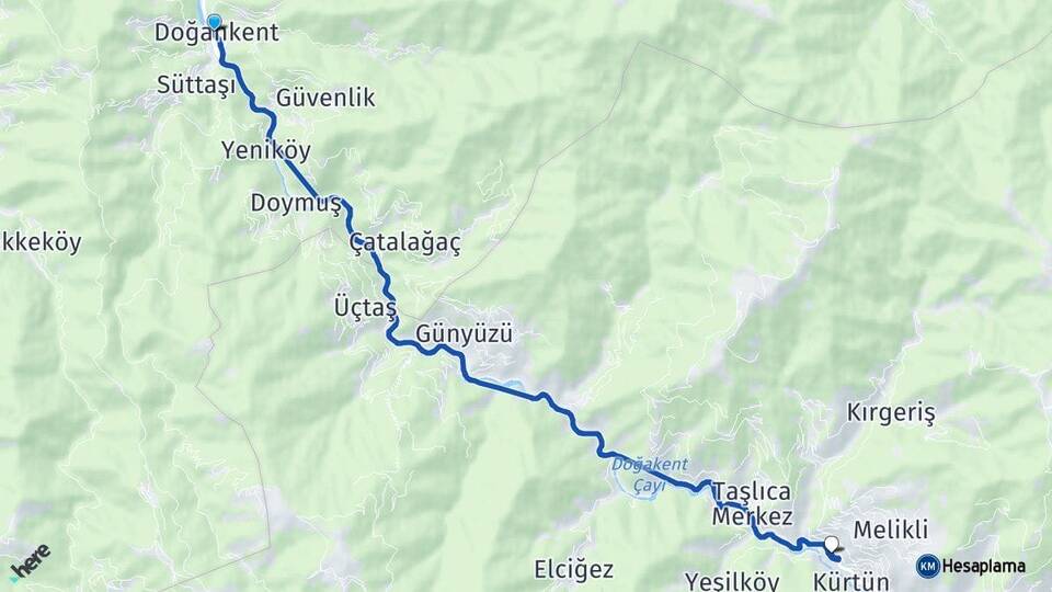 Giresun Doğankent Kürtün Gümüşhane Arası Kaç Km - Yol Haritası