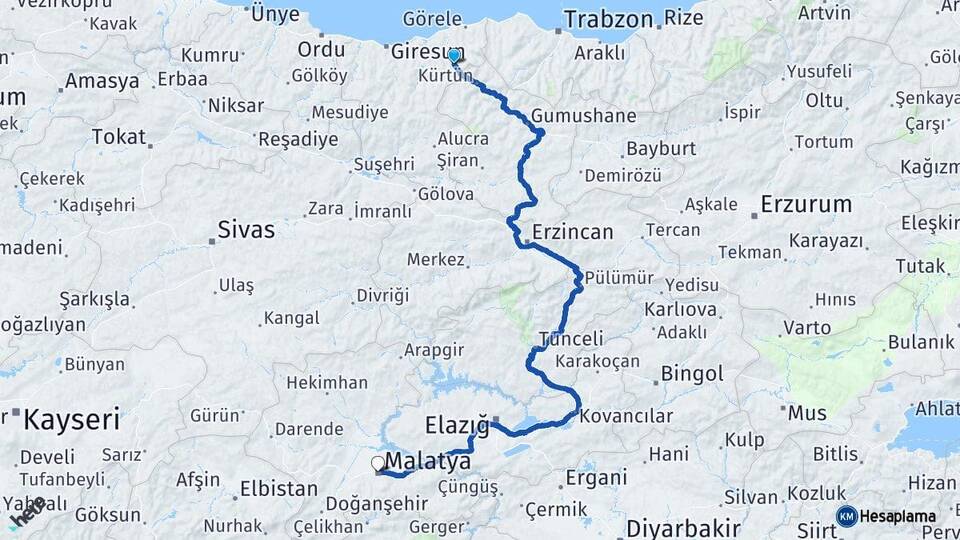 Giresun Doğankent Malatya Arası Kaç Km - Yol Haritası