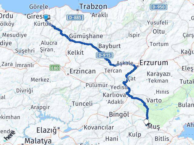 Giresun Doğankent Muş Arası Kaç Km - Yol Haritası