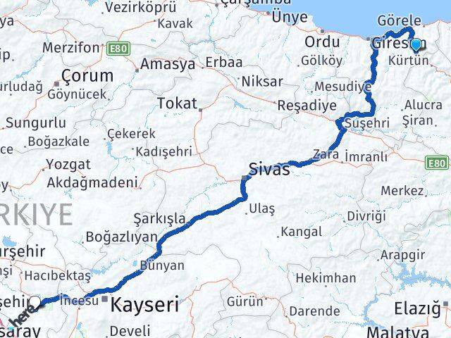 Giresun Doğankent Nevşehir Arası Kaç Km - Yol Haritası
