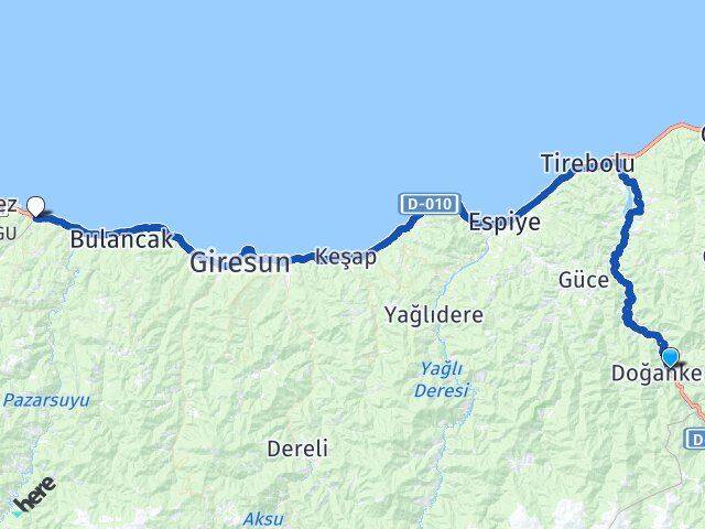 Giresun Doğankent Piraziz Arası Kaç Km - Yol Haritası