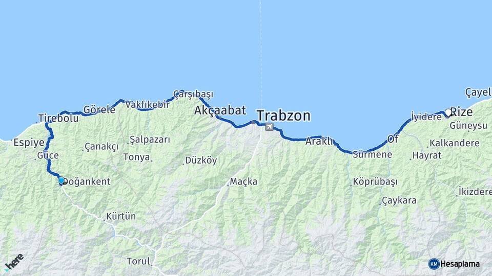 Giresun Doğankent Rize Arası Kaç Km - Yol Haritası