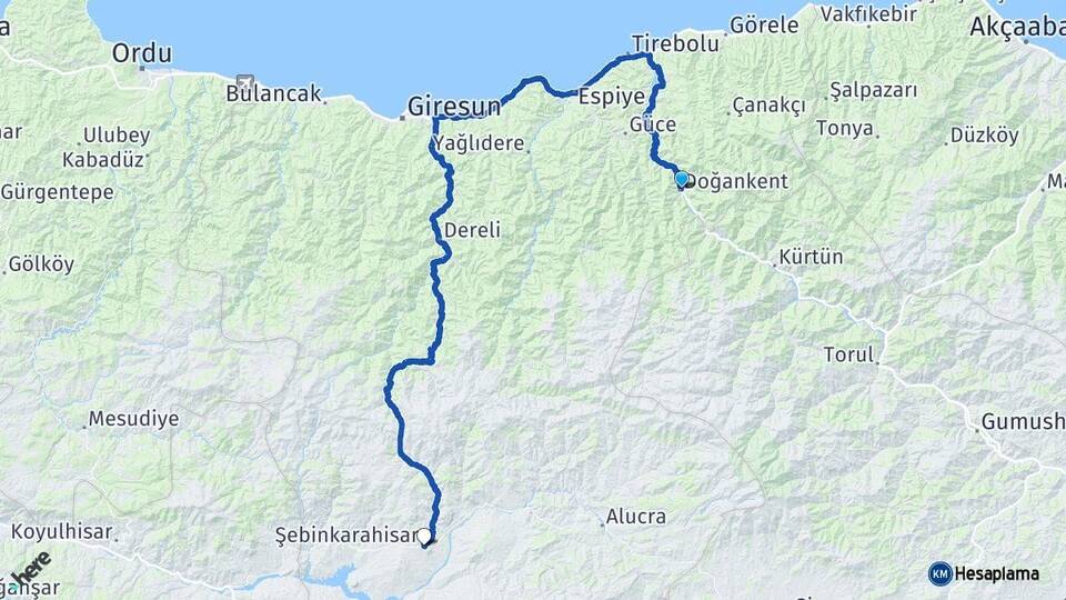 Giresun Doğankent Şebinkarahisar Arası Kaç Km - Yol Haritası