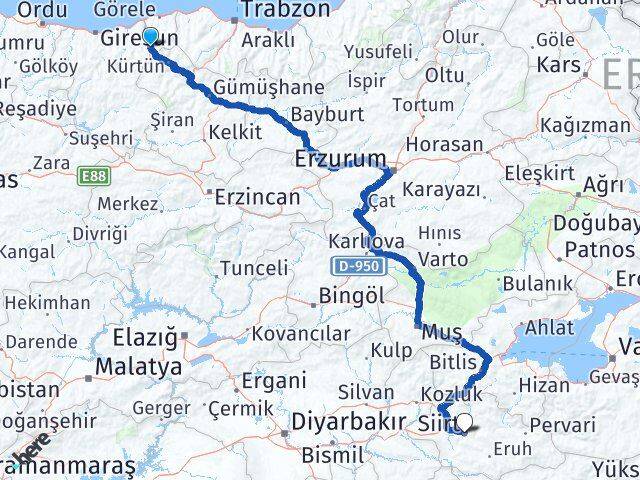 Giresun Doğankent Siirt Arası Kaç Km - Yol Haritası