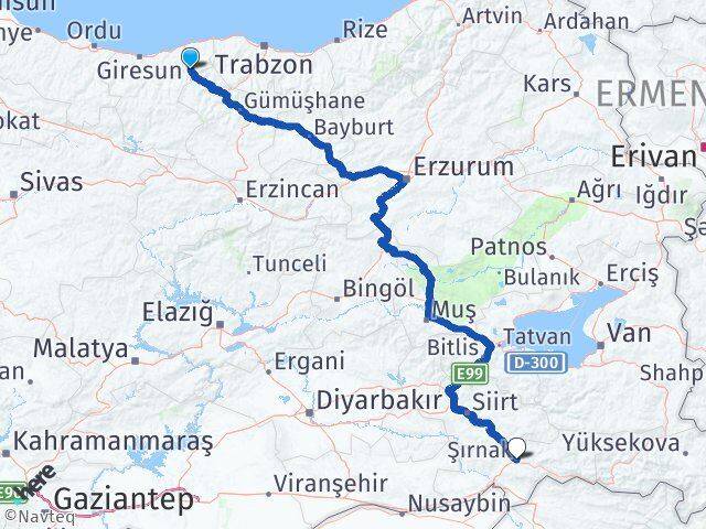 Giresun Doğankent Şırnak Arası Kaç Km - Yol Haritası