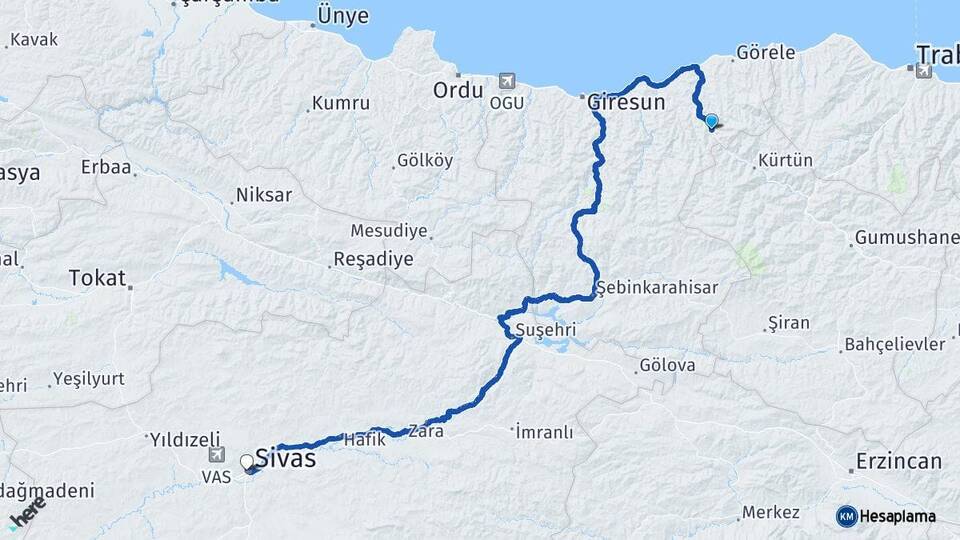 Giresun Doğankent Sivas Arası Kaç Km - Yol Haritası