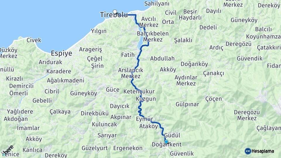 Giresun Doğankent Tirebolu Arası Kaç Km - Yol Haritası