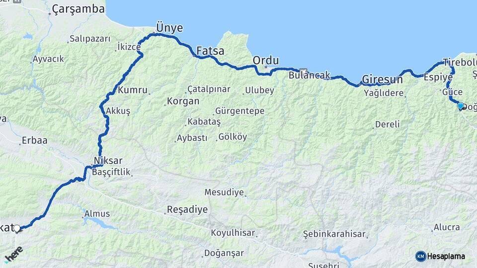 Giresun Doğankent Tokat Arası Kaç Km - Yol Haritası
