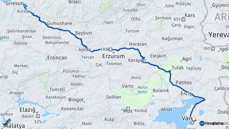 Giresun Doğankent Van Arası Kaç Km - Yol Haritası