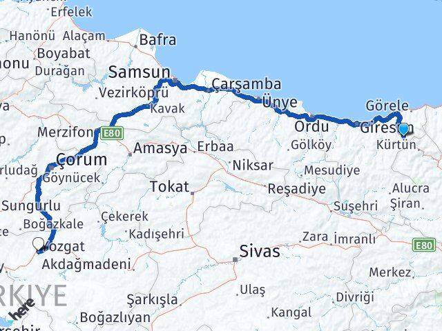 Giresun Doğankent Yozgat Arası Kaç Km - Yol Haritası