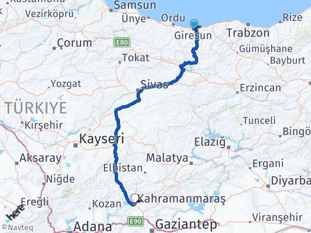Giresun Dulkadiroğlu Kahramanmaraş Arası Kaç Km - Yol Haritası