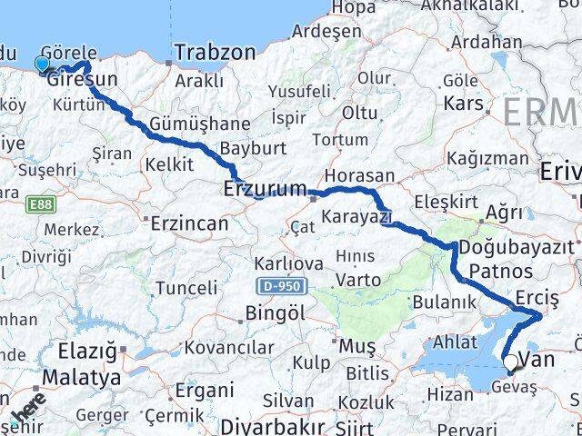 Giresun Edremit Van Arası Kaç Km - Yol Haritası