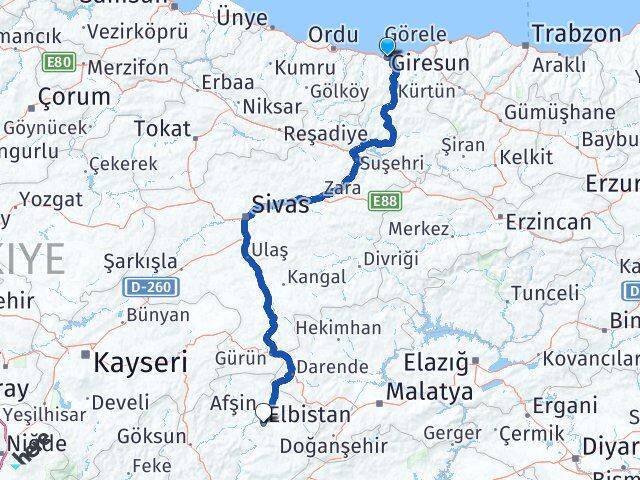 Giresun Elbistan Kahramanmaraş Arası Kaç Km - Yol Haritası