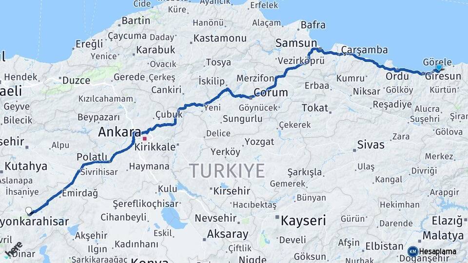 Giresun Espiye Afyonkarahisar Arası Kaç Km - Yol Haritası
