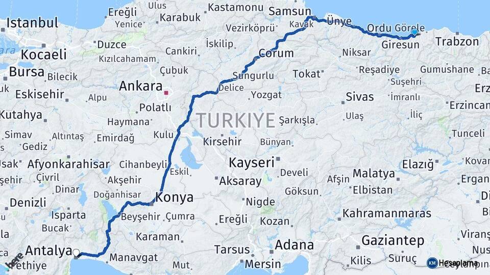 Giresun Espiye Antalya Arası Kaç Km - Yol Haritası