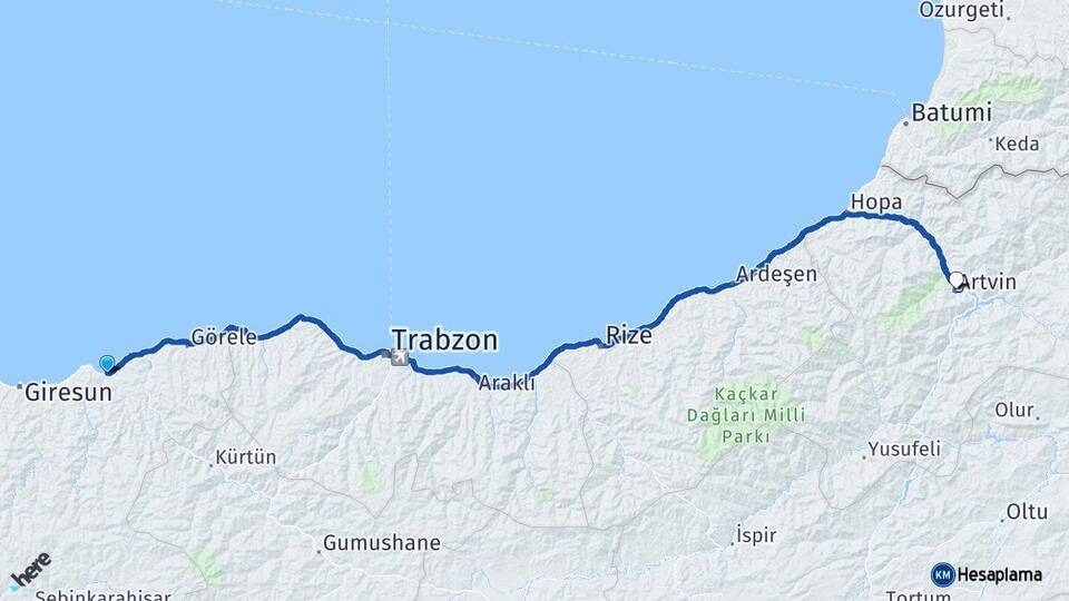 Giresun Espiye Artvin Arası Kaç Km - Yol Haritası
