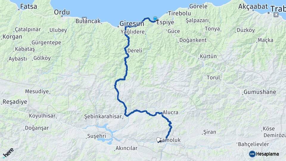 Giresun Espiye Çamoluk Arası Kaç Km - Yol Haritası